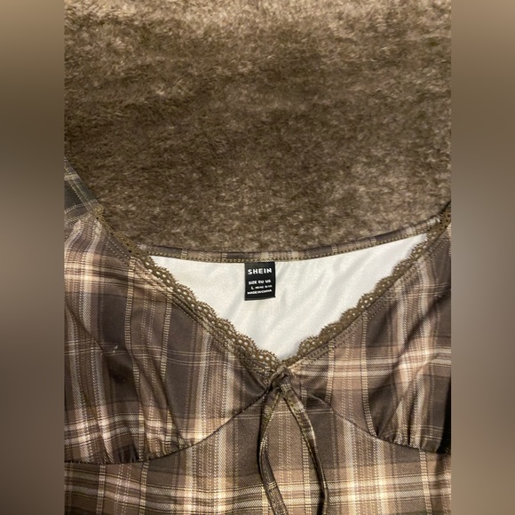 ROMWE PUNK Grunge Plaid Print Knotted Front Lace Trim Dress - Picture 2 of 4